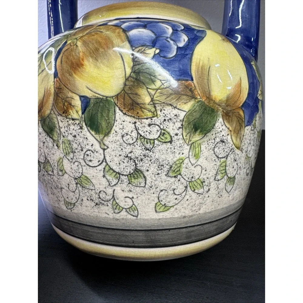 Lg Vtg Ceramic Pottery Teapot With‎ Lid Colorful Cobalt Blue Yellow Pears